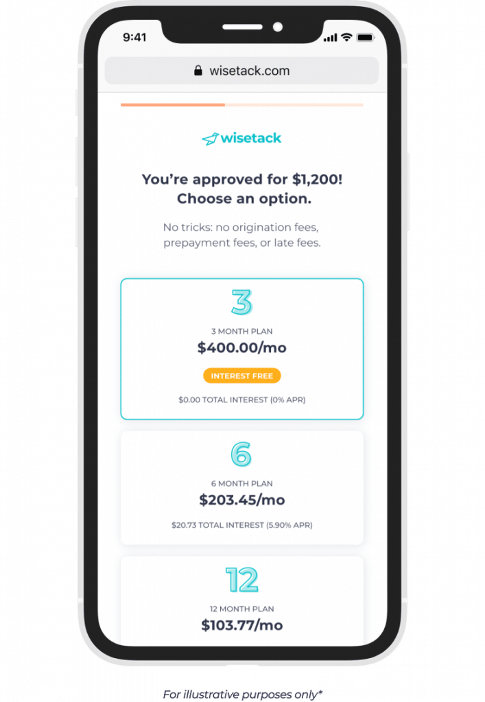 Wisetack financing application screen