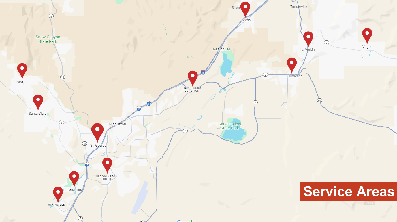 Map of Red Rock Plumbing service areas across Southern Utah